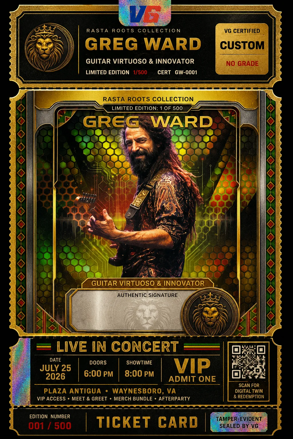 Crown Certified Ticket Card — Greg Ward 'Live in Concert', a slabbed, tamper-evident collectible that doubles as VIP event admission with a Verified Grades digital twin