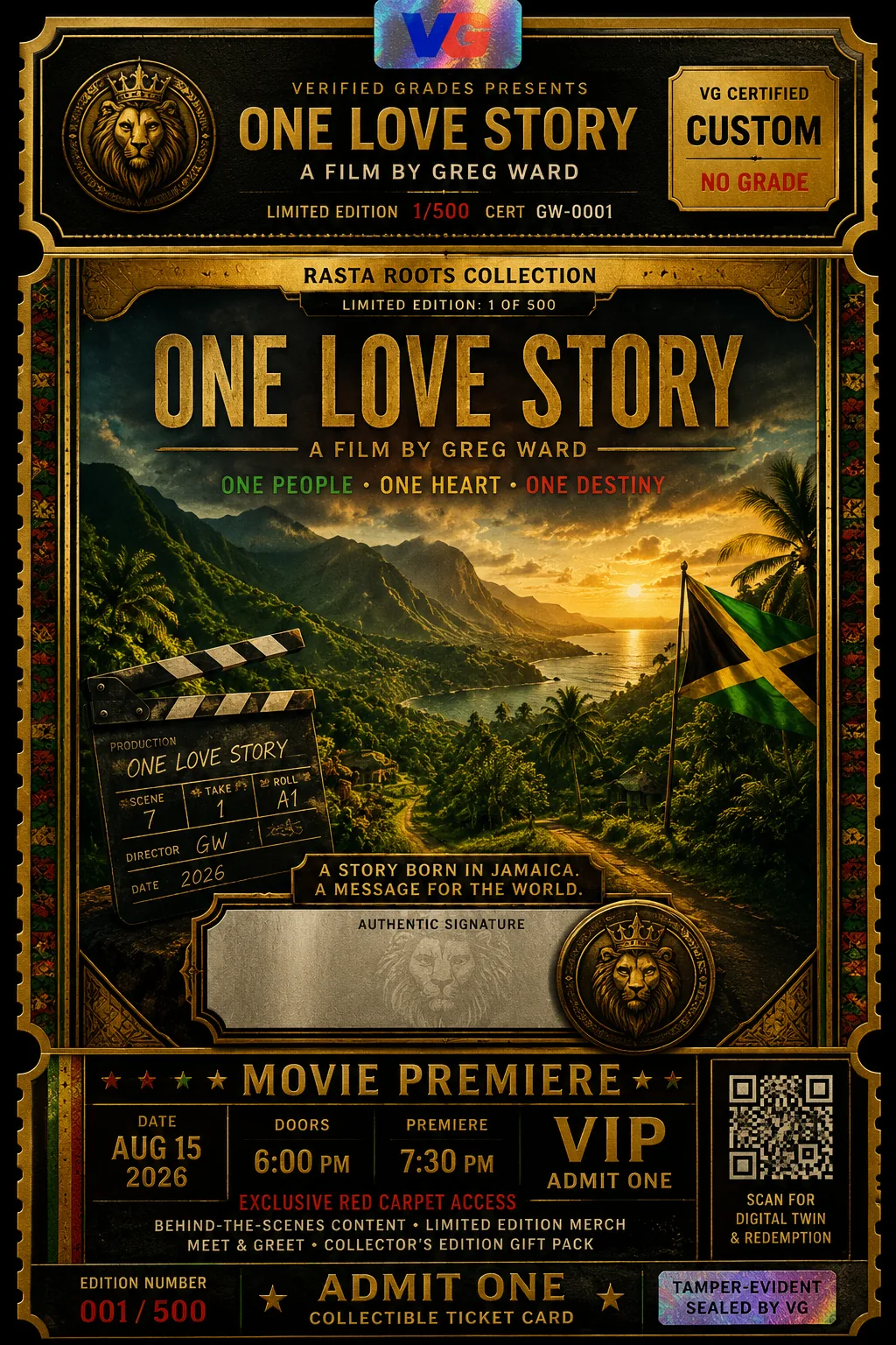 One Love Story — a film by Greg Ward: a VG Certified movie-premiere ticket card with red-carpet VIP access and a Verified Grades digital twin
