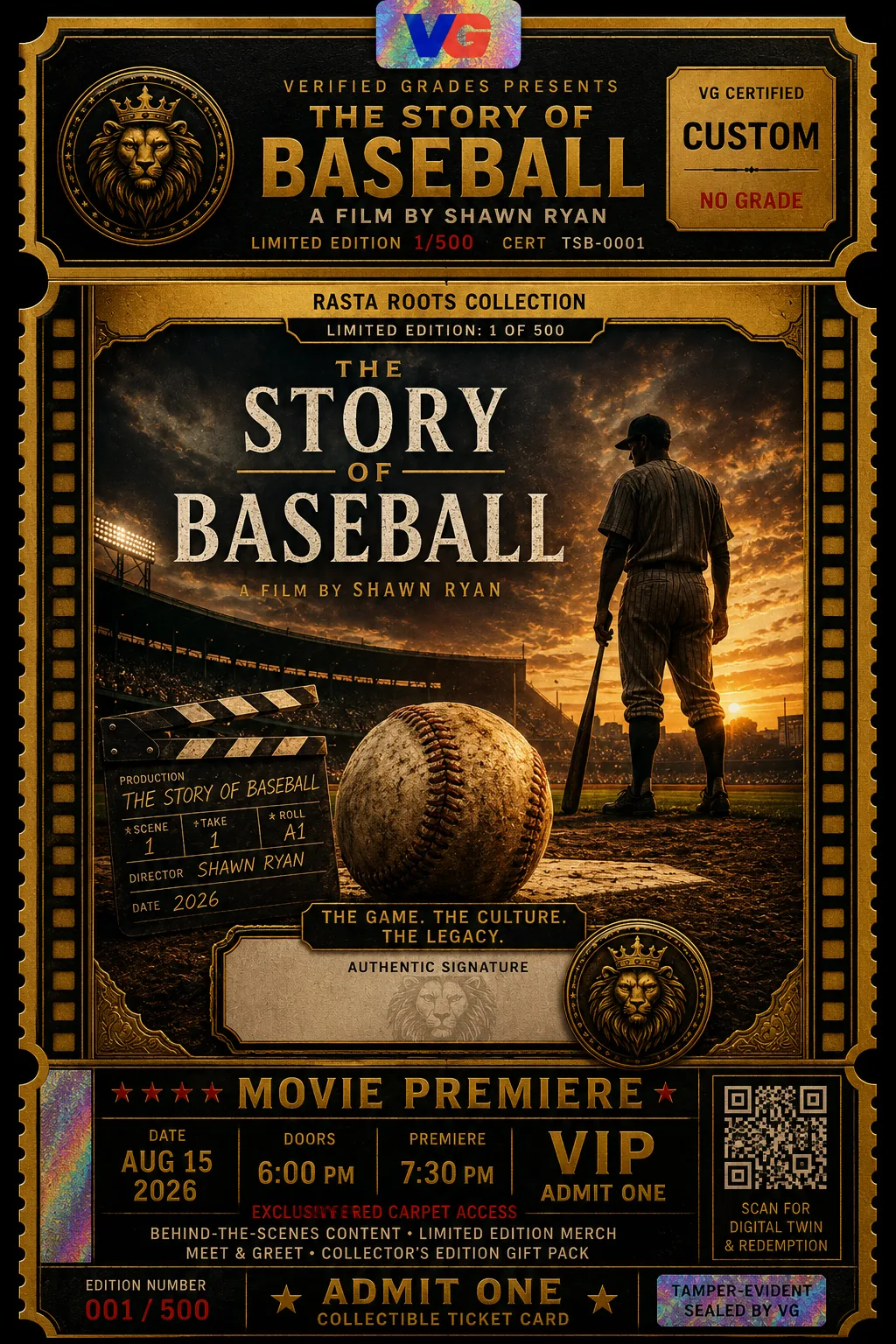 The Story of Baseball — a film by Shawn Ryan: a VG Certified sports-documentary premiere ticket card with red-carpet access and a Verified Grades digital twin